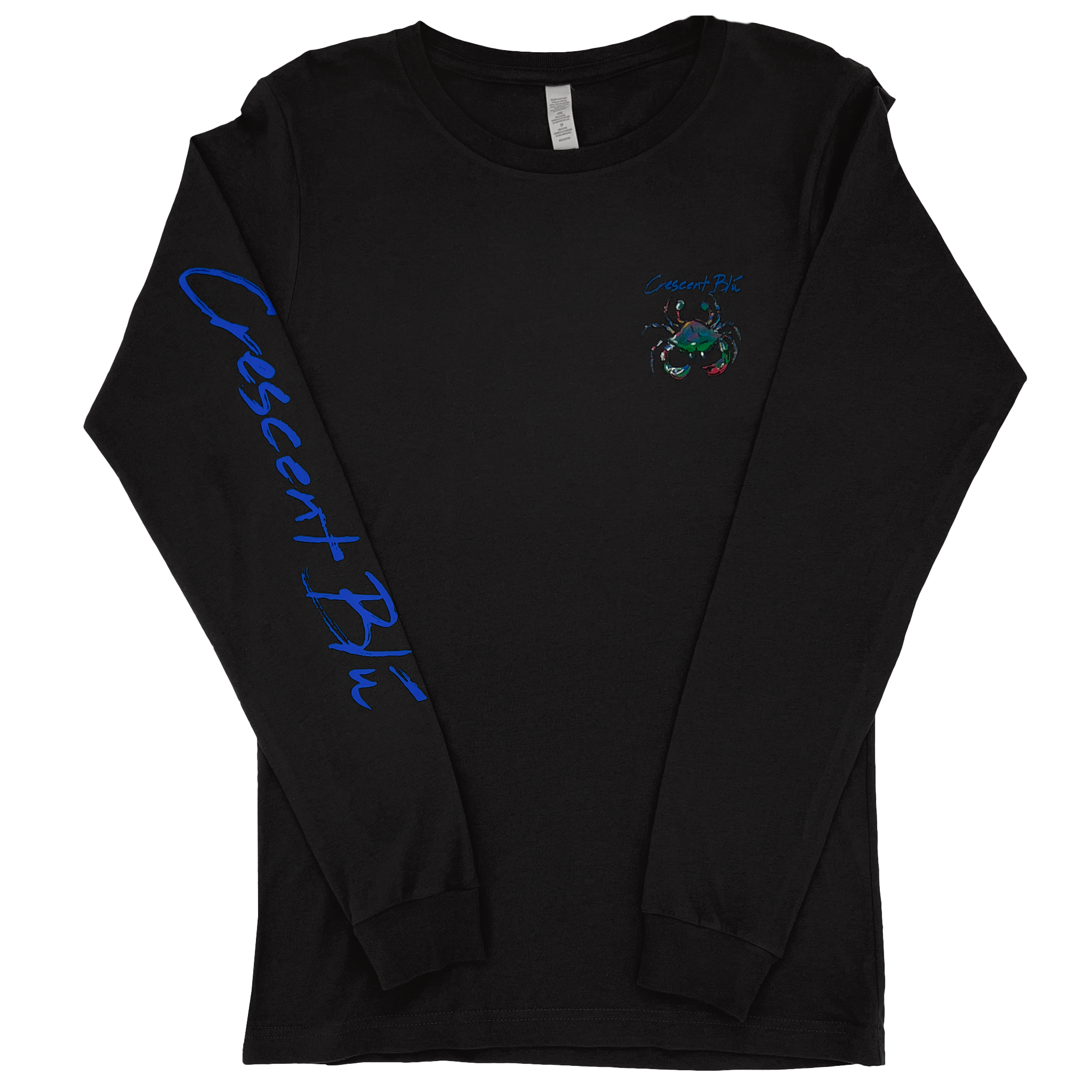 Front view of adult long sleeve dark grey t-shirt with Crescent blue printed in Blue on the right sleeve and a small multi-colored Signature crab logo on the right upper chest. 