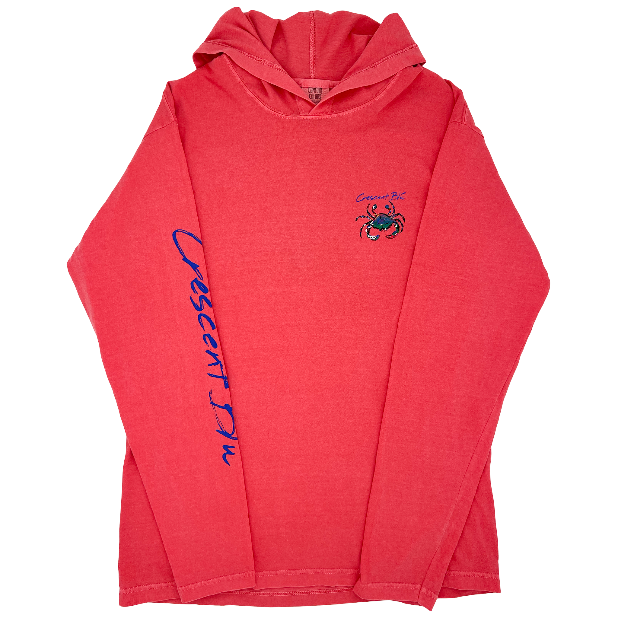 Front view of adult hoodie long sleeve T-shirt with small multicolored crab logo on the left upper chest and Crescent Blu printed along the length of the right sleeve. 