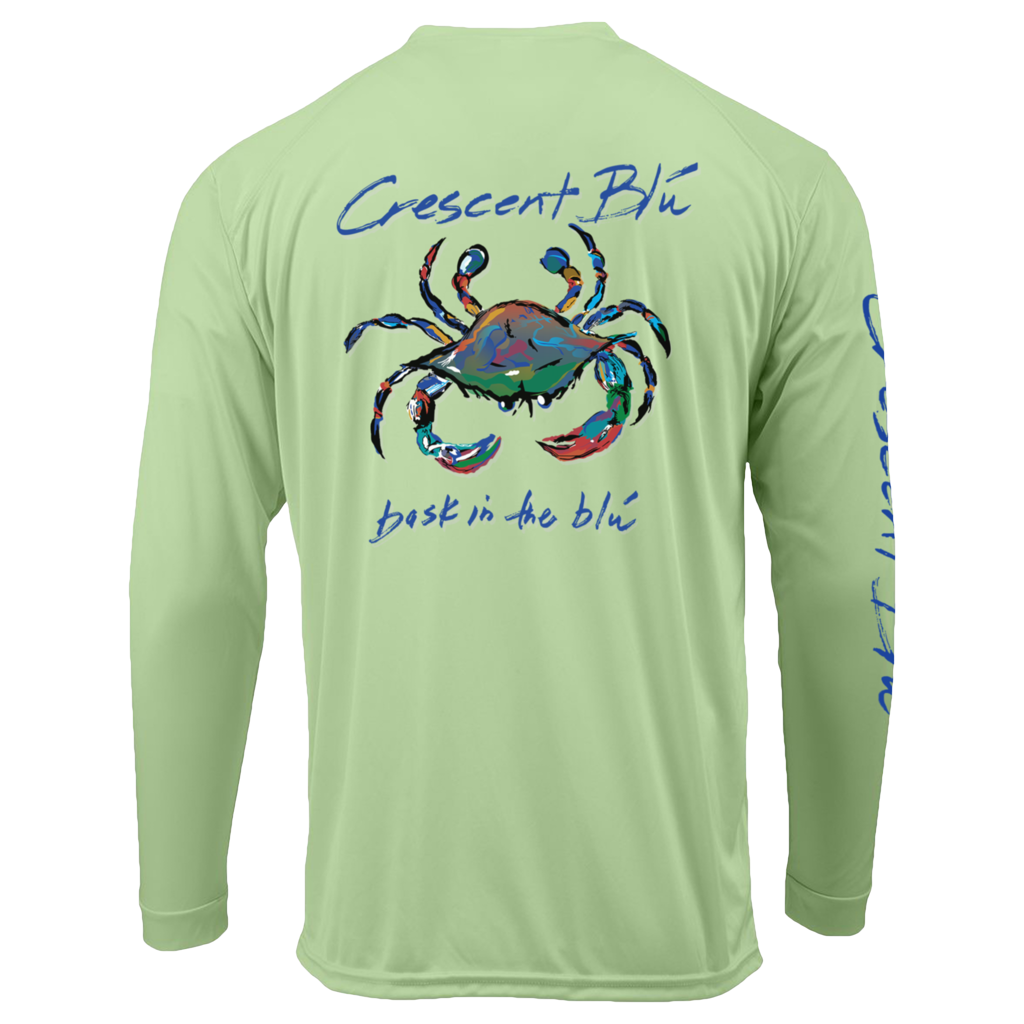 View of back of Limeade colored long sleeve Sun shirt. UPF 50+. Adult shirt. Crescent Blu, Bask in the Blu, and multi-colored crab logo printed on the back. 