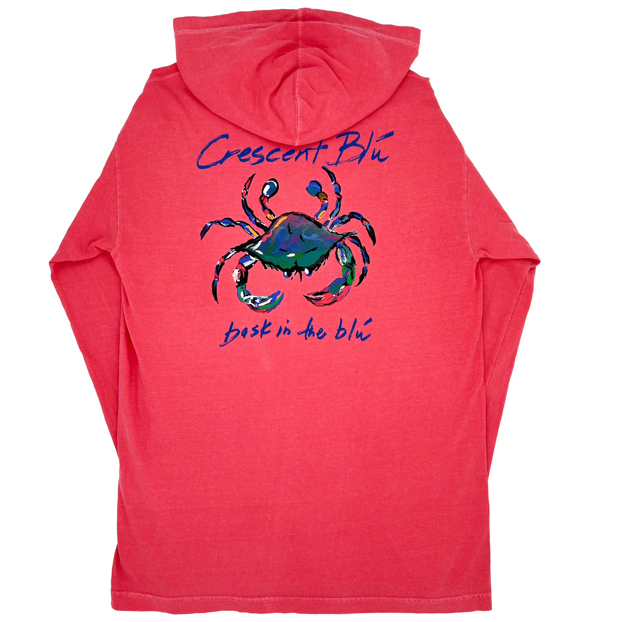 View of the back of a watermelon colored long sleeve hoodie t-shirt with large Crescent Blu multi-colored crab logo