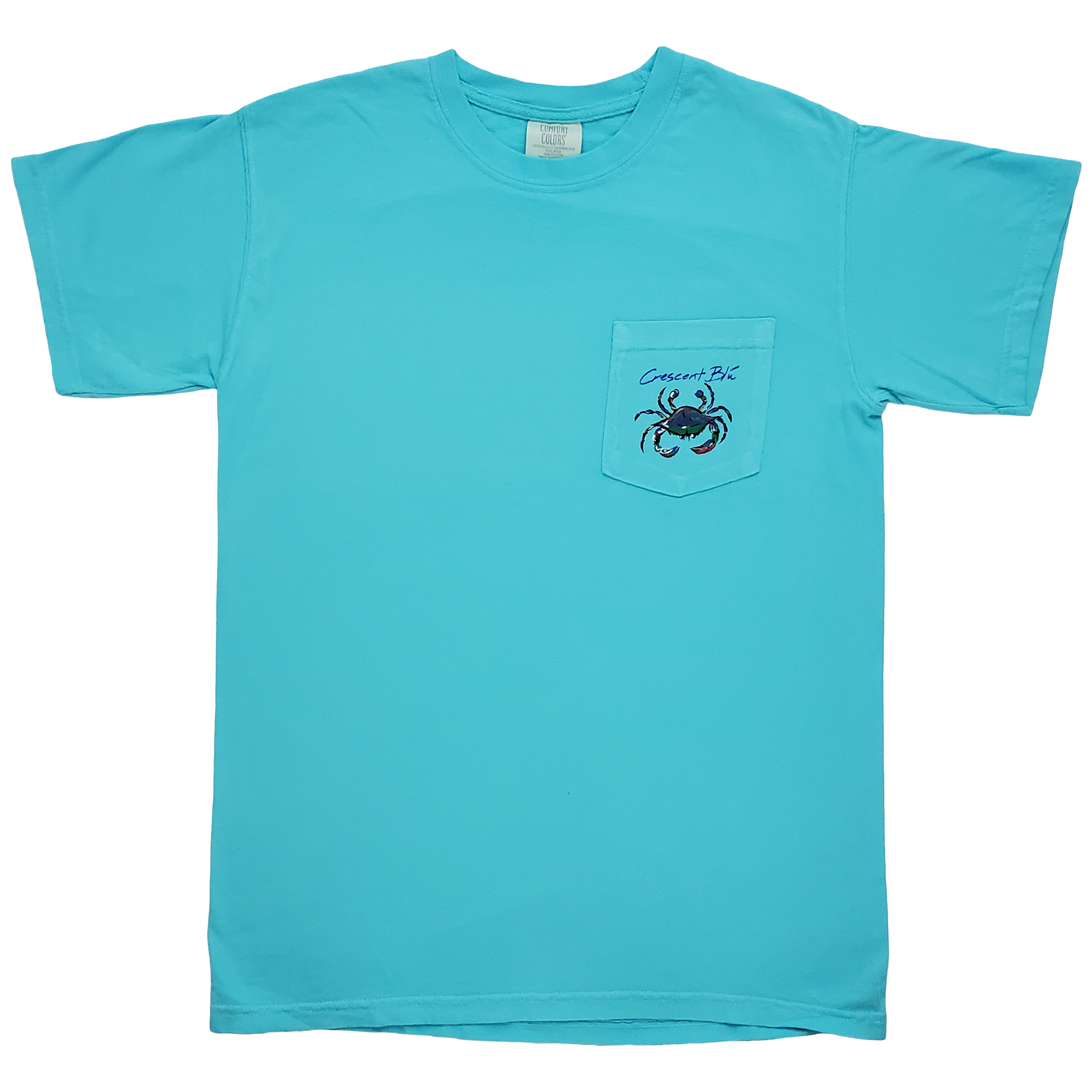 Front of Adult short sleeve Crescent Blu t-short in lagoon blue color with multi-colored crab from the Signature collection