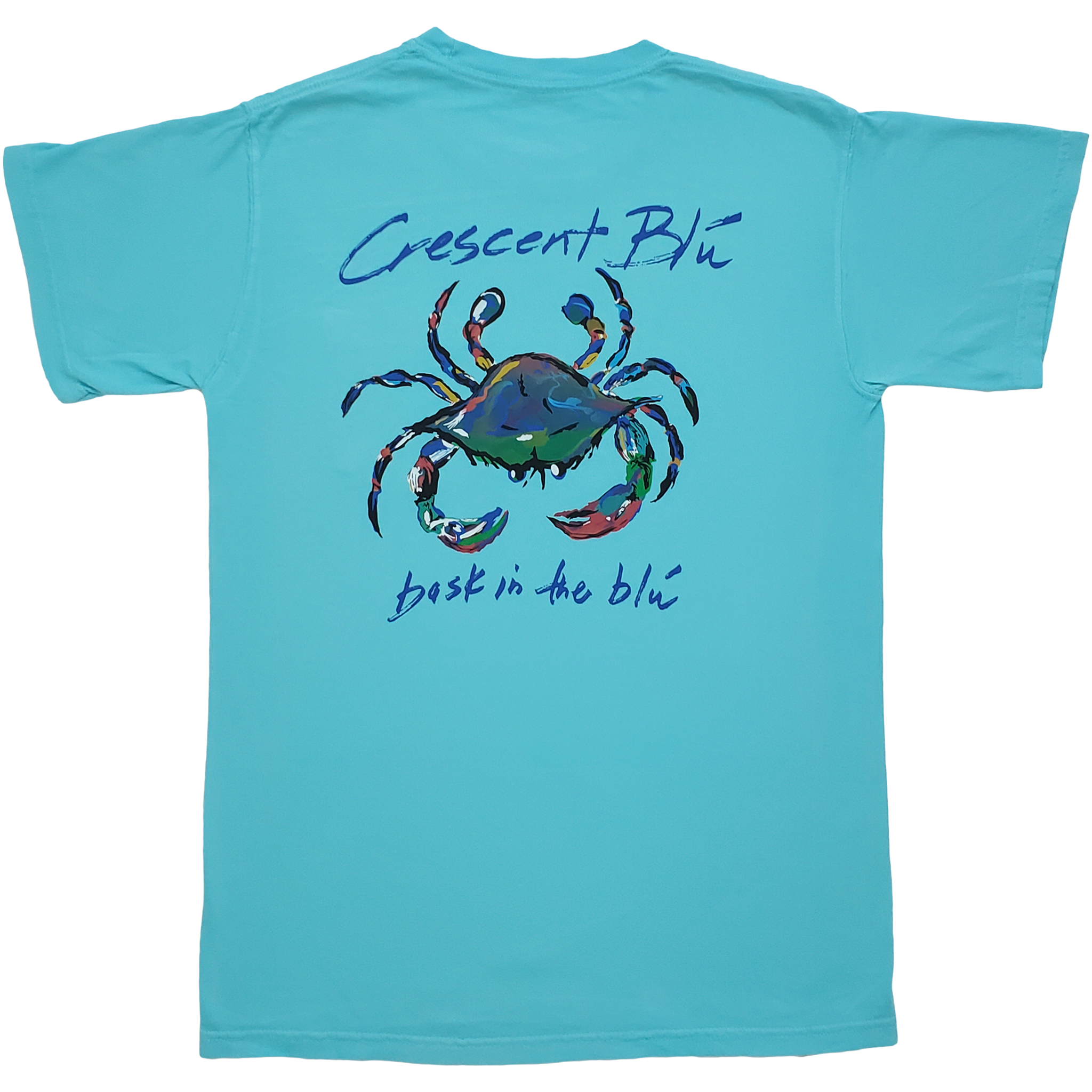 Image of the back of a Lagoon Blue Adult Short Sleeve Tee with colorful, vibrant crab image printed large