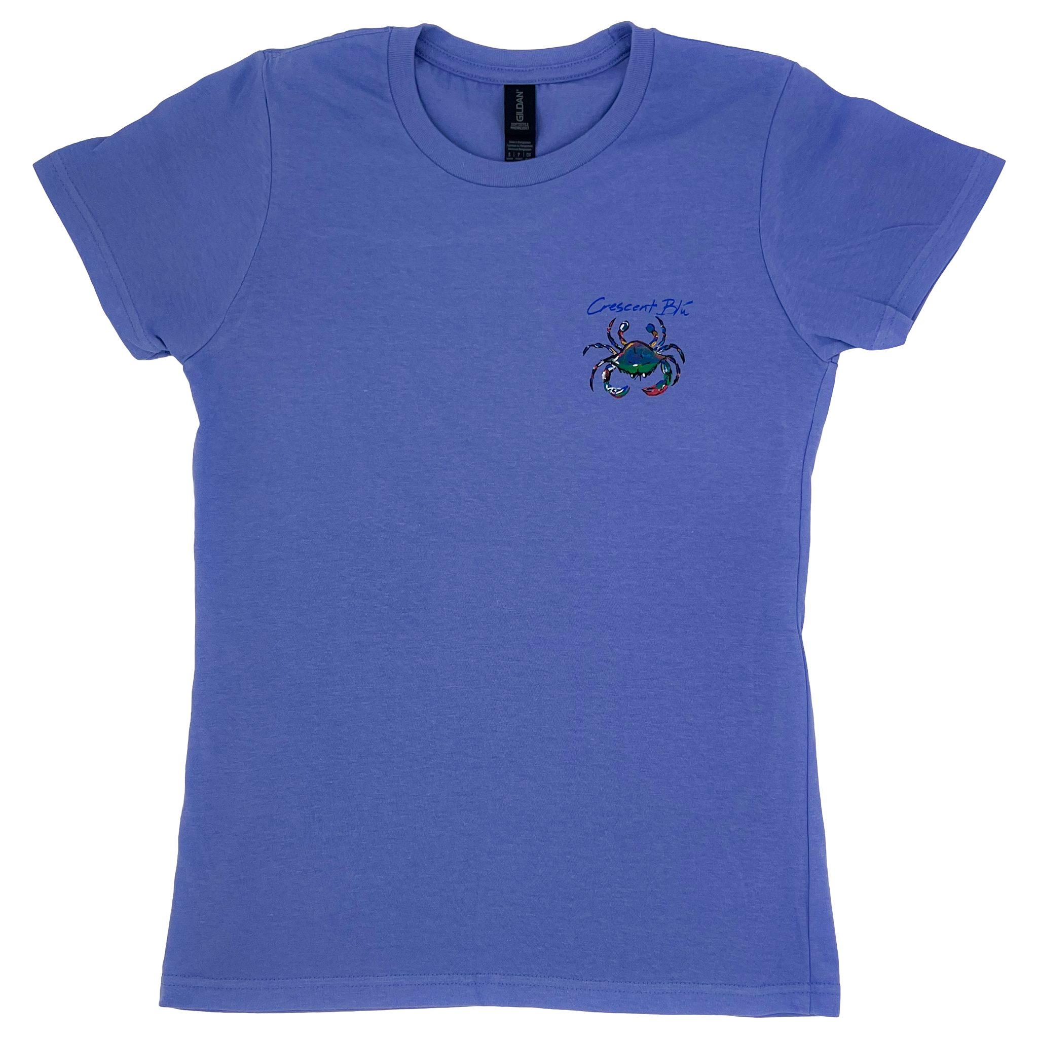 Front of a blue crew neck ladies cap sleeve tee with "Crescent Blú" written above a colorful blue crab.