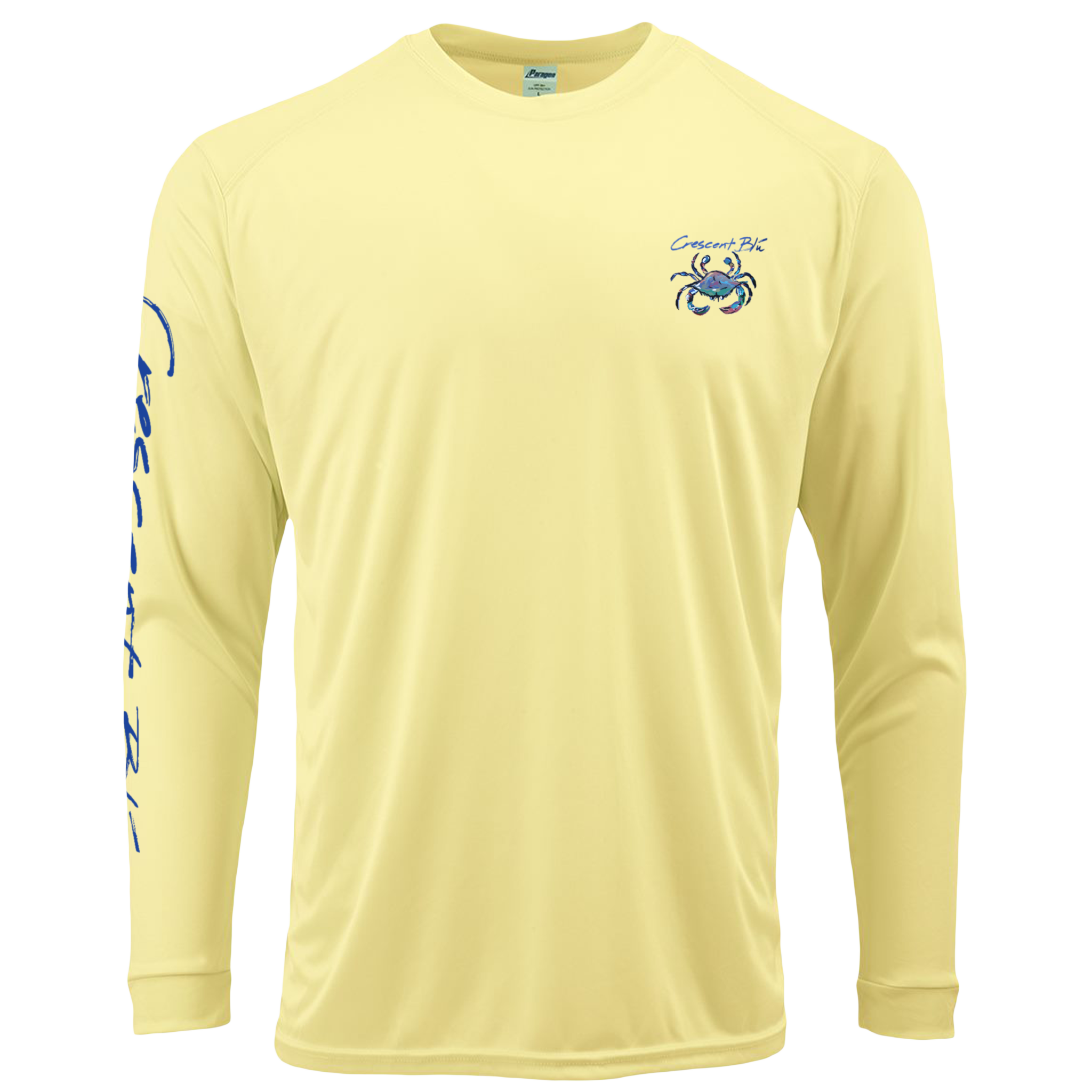 Front view of Yellow adult long sleeve UPF 50+ Sun Shirt with Crescent Blu Signature Crab logo on the upper left chest