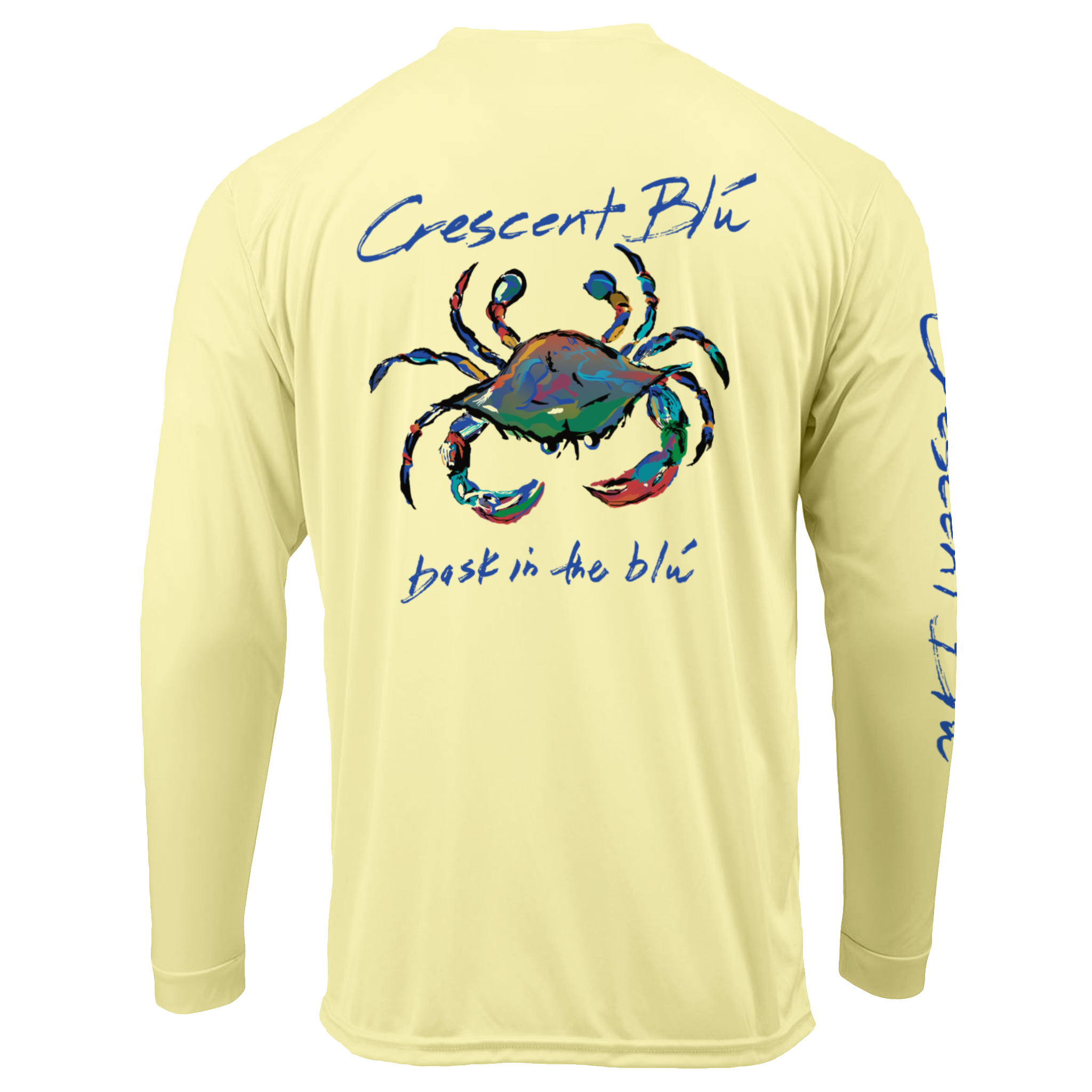 View of back of adult long sleeve UPF 50+ sun shirt with large multicolored crab logo 