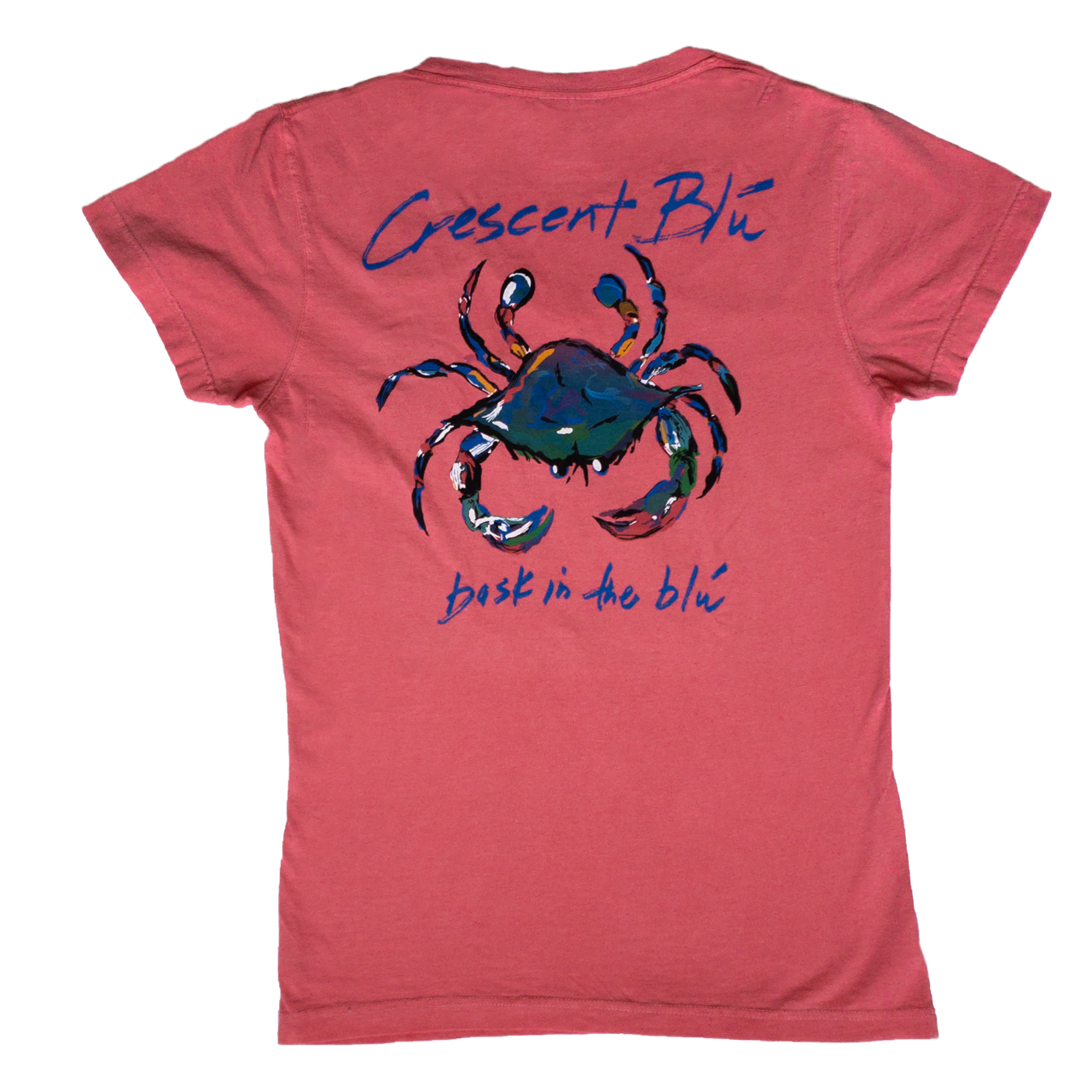 View of back of ladies cut, V-neck, Watermelon colored short sleeve T-shirt with large multi-colored Crescent Blu Signature logo printed. 