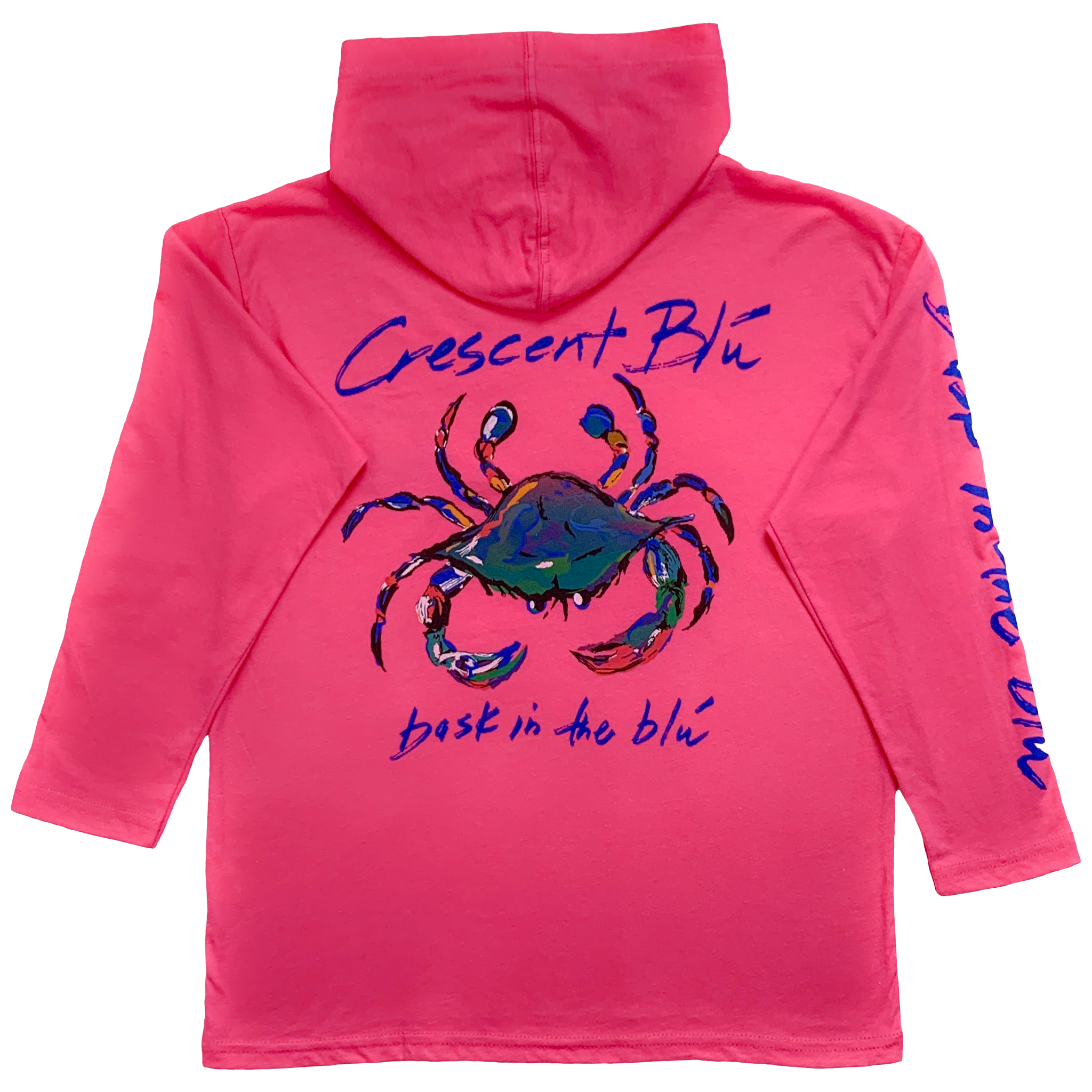 View of back of Youth Hoodie T-shirt in Hot Pink color with large multi-colored crab logo and Bask in the Blu tagline printed on the back. 