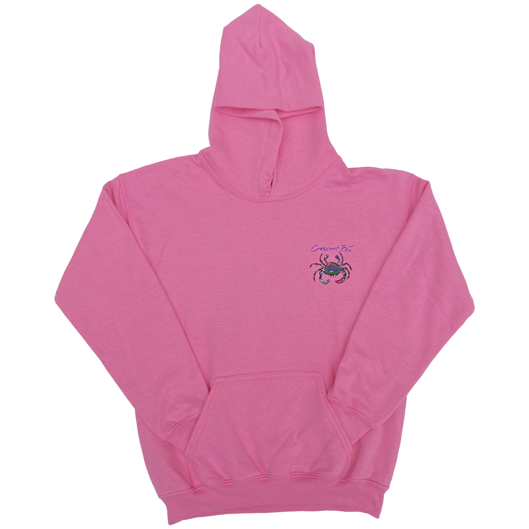 Front view of Youth sweatshirt hoodie in Azalea with Crescent Blu multicolored Signature Crab logo on the upper left chest