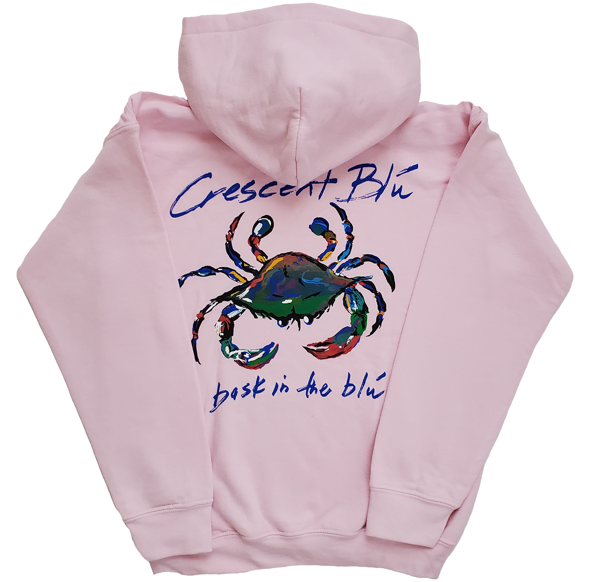 Light pink kids sweatshirt with hood. ribbed cuff and hem, Crescent Blu's colorful blue crab logo centered on the back.