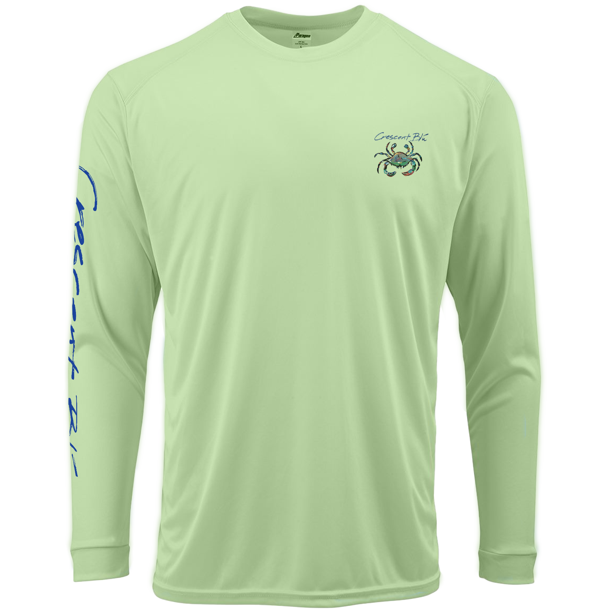 Limeade colored long sleeve adult sun shirt. Front view. Crescent Blu printed on right sleeve. Multi-colored crab logo on left upper chest.