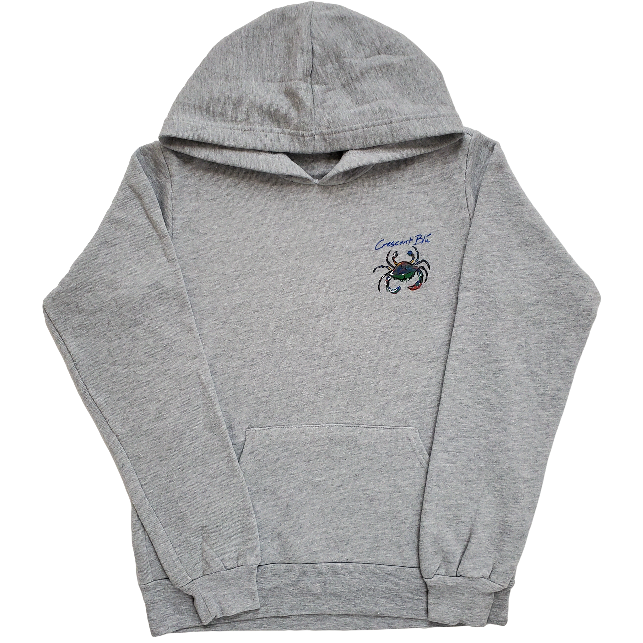 Heather grey youth sponge fleece hooded sweatshirt with center pocket pouch and ribbed cuffs and a ribbed hem. Crescent Blu's blue crab on the left chest.  