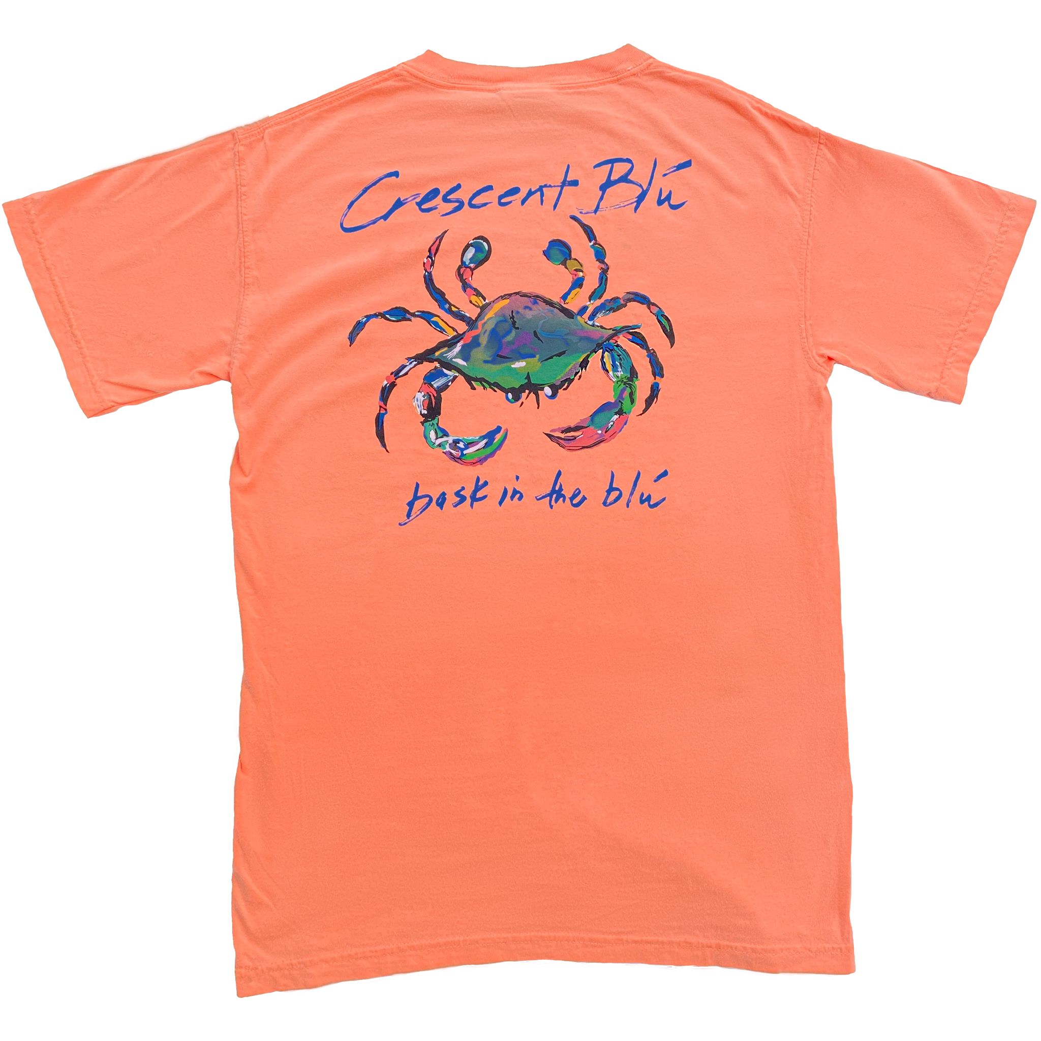 Back of an adult Melon colored short sleeve T-shirt with Crescent Blu and Bask in the Blu written above and below a multi-colored Blu Crab image