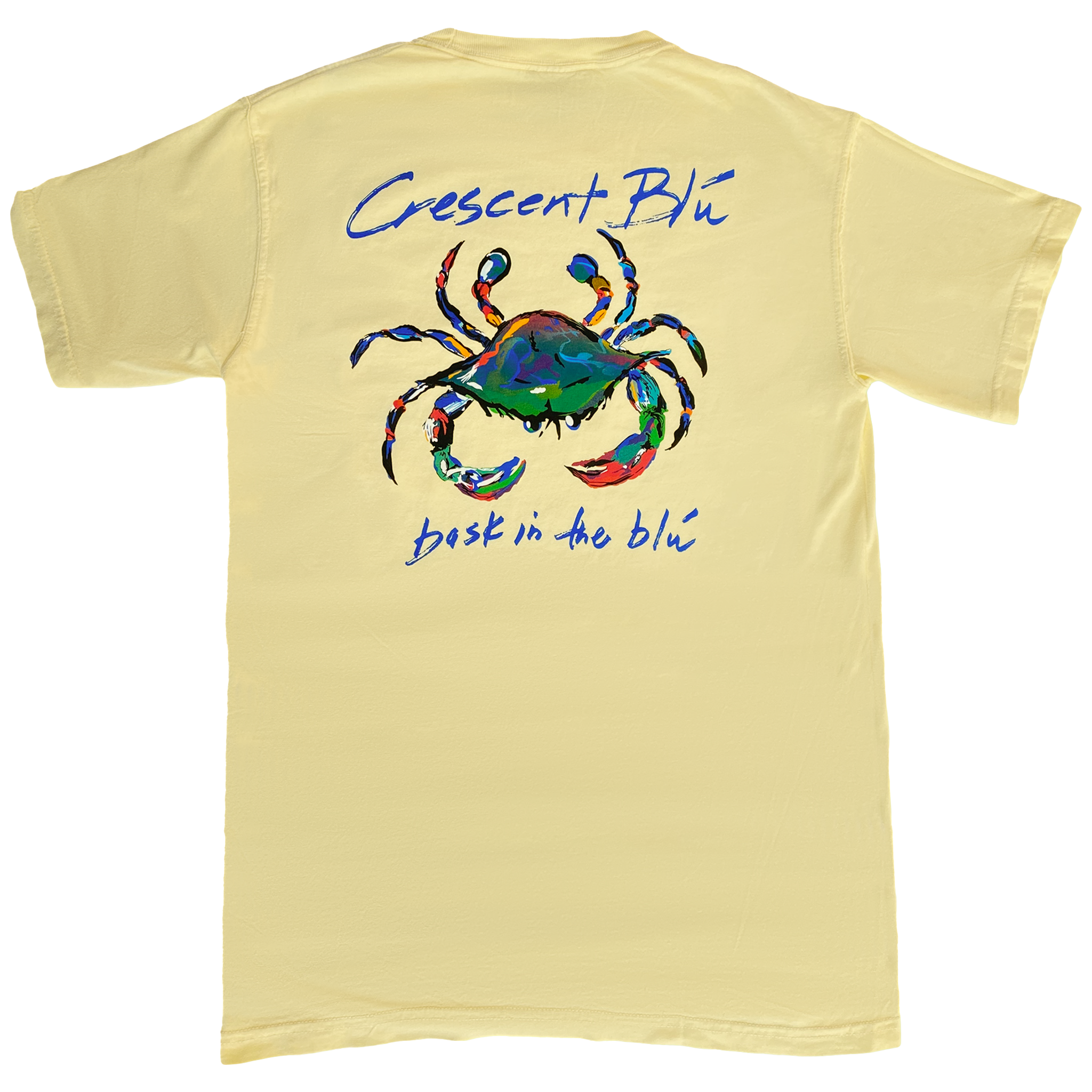 Yellow T-shirt with large multi-colored Crescent Blu crab logo short sleeves, back of shirt