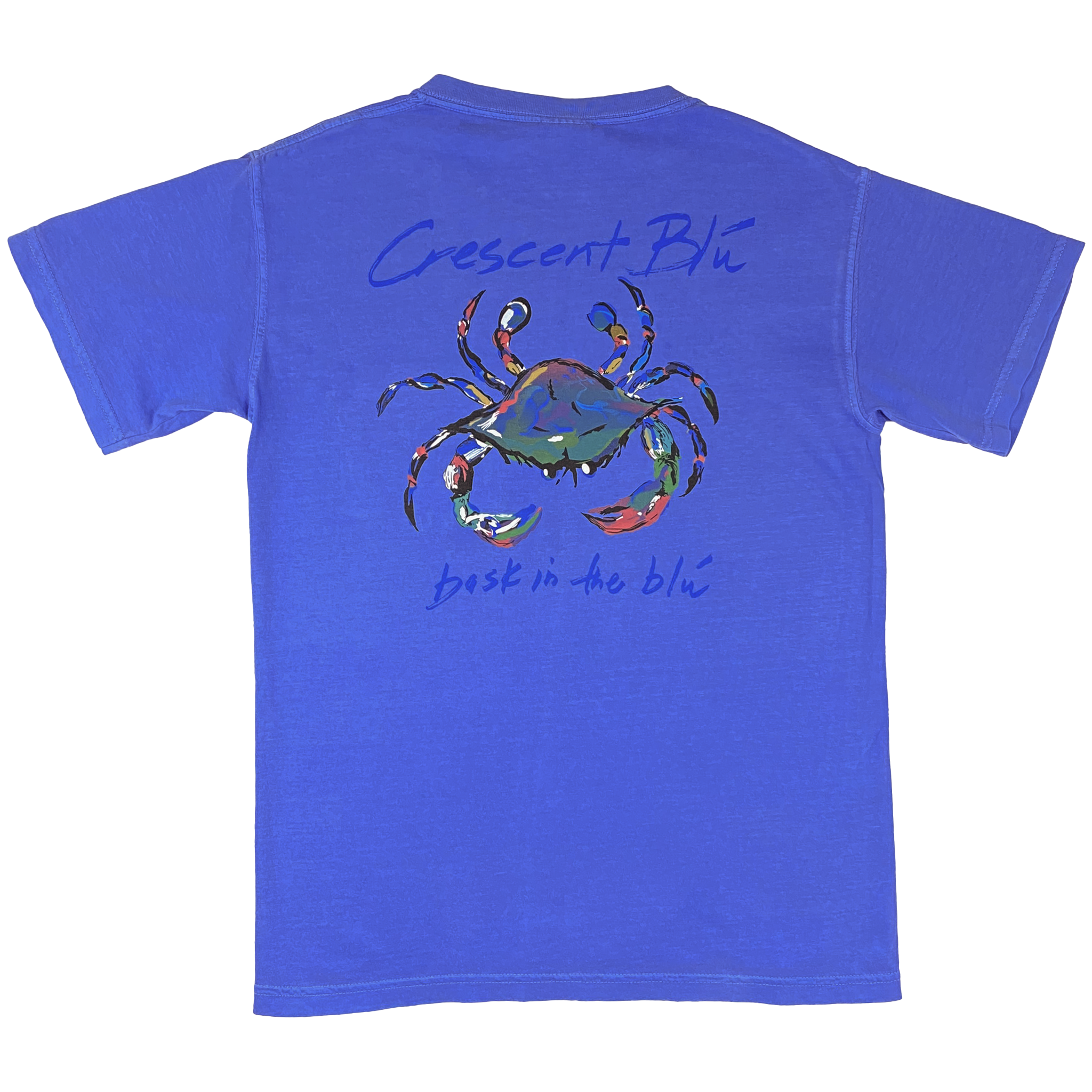 Image of back of Adult short sleeve t-shirt in Flo Blue color with vibrant multi-colored Crescent Blu crab logo printed