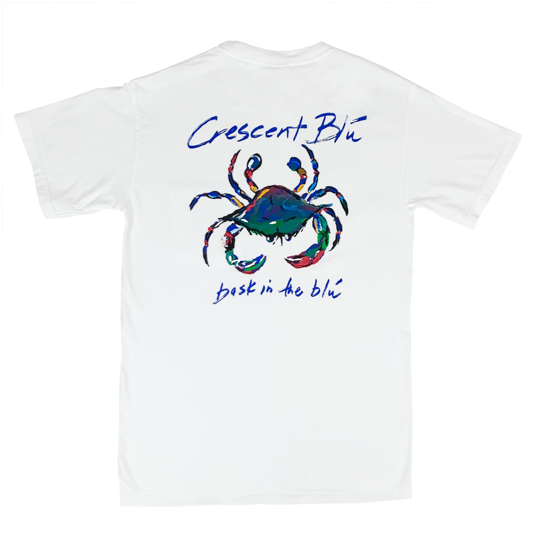 Back of a white Crescent Blu Tee with large multi-colored crab in center and Crescent Blu, Bask in the Blu printed above and below the crab image
