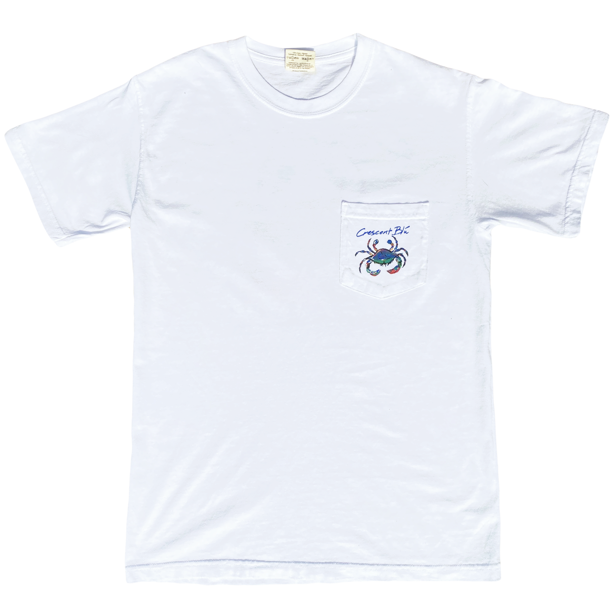 Front of white Signature crab collection T-shirt with multi-colored crab on left chest pocket