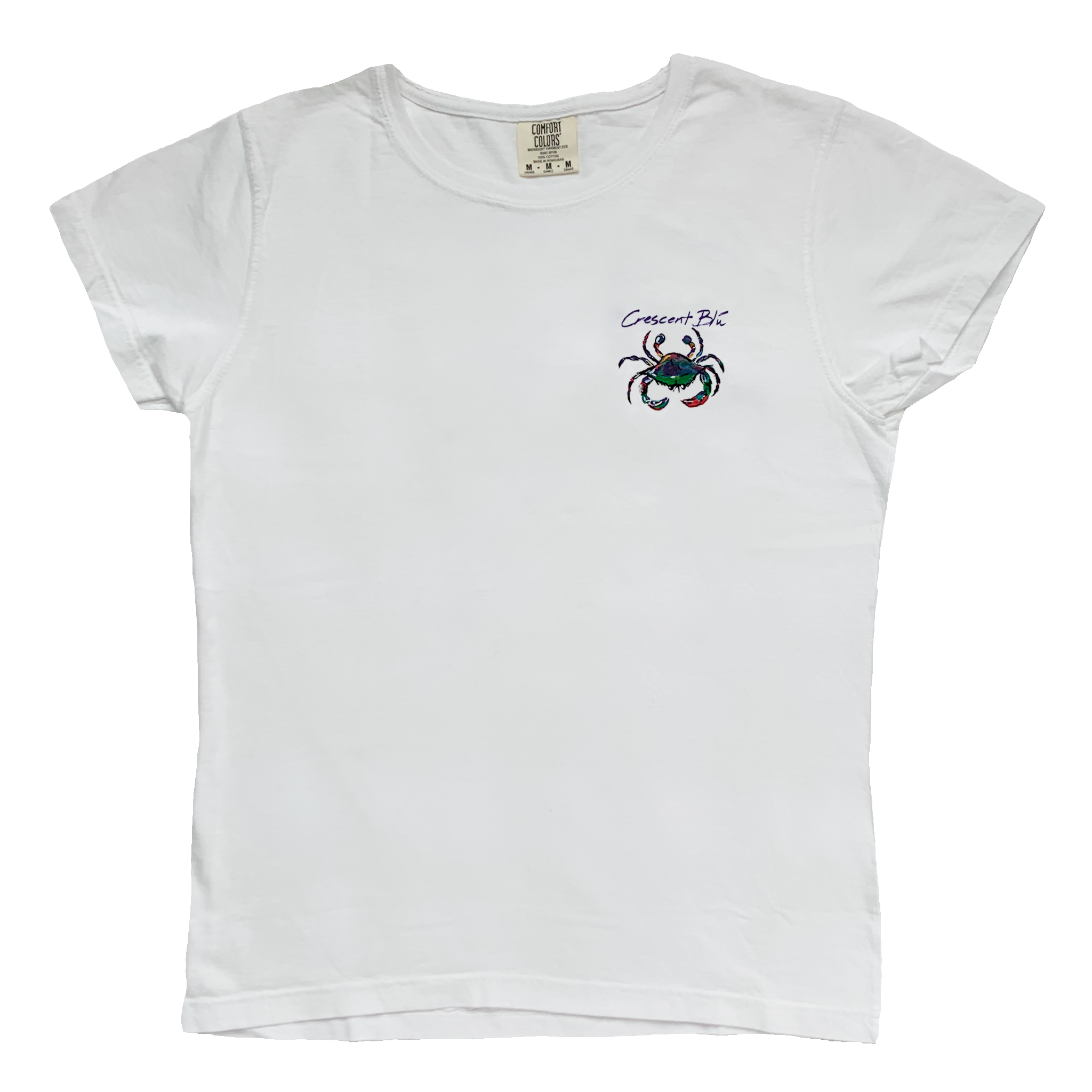 White ladies short sleeve tee with "Crescent Blú"  written above a blue crab.