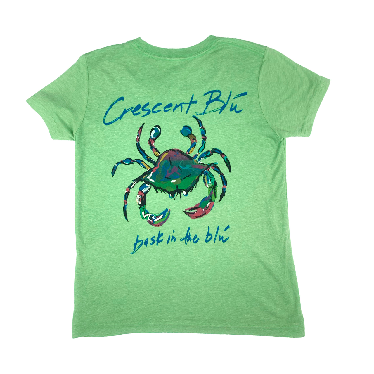 back of green tribeland top with big colorful crab