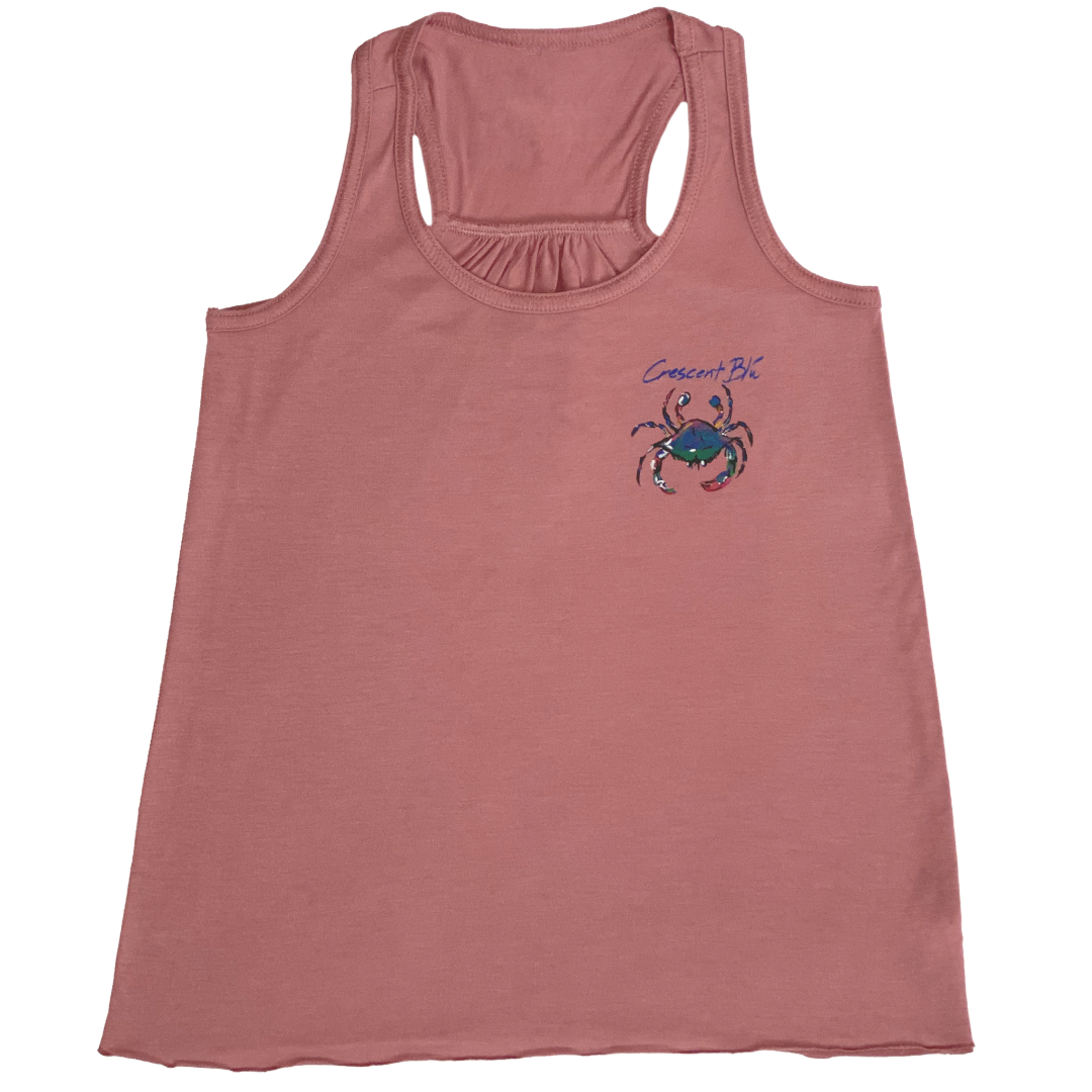 Youth sized Mauve racerback tank top with multi-colored crab logo on the upper left chest