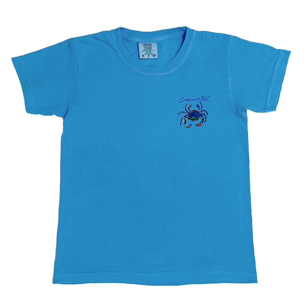 youth royal caribe tee with colorful crab on upper left chest