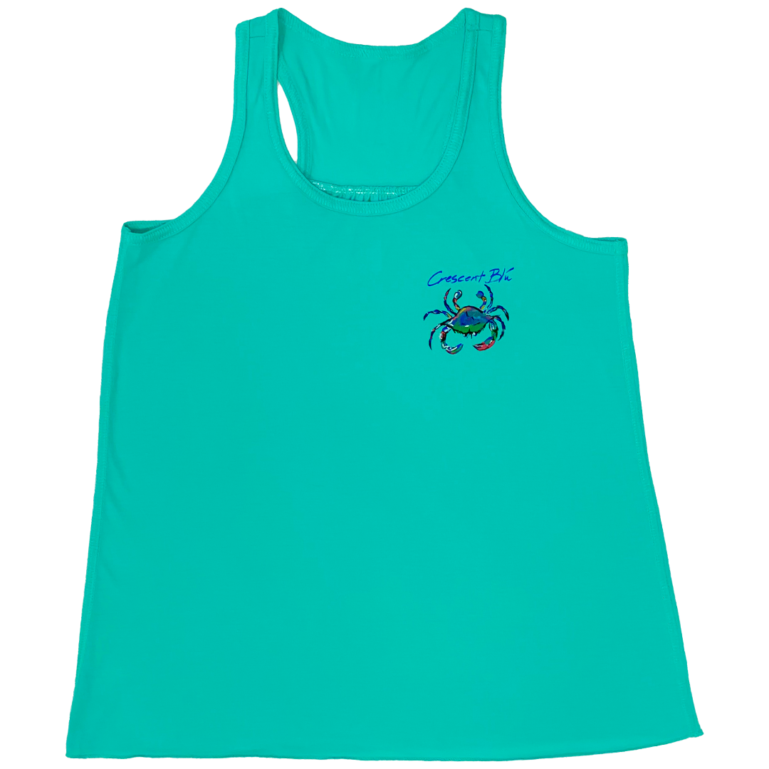 Teal colored youth racerback tank top. Crescent Blu multicolored crab logo on the upper left chest. Front view. 
