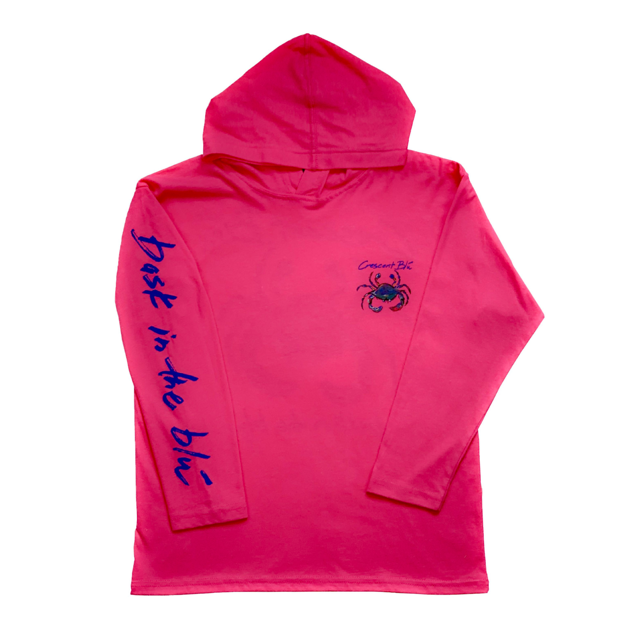 Front view of Youth Hoodie T-shirt with Bask in the Blu printed on the right sleeve. Hot Pink in color. Multi-colored Signature crab on the left upper chest. 