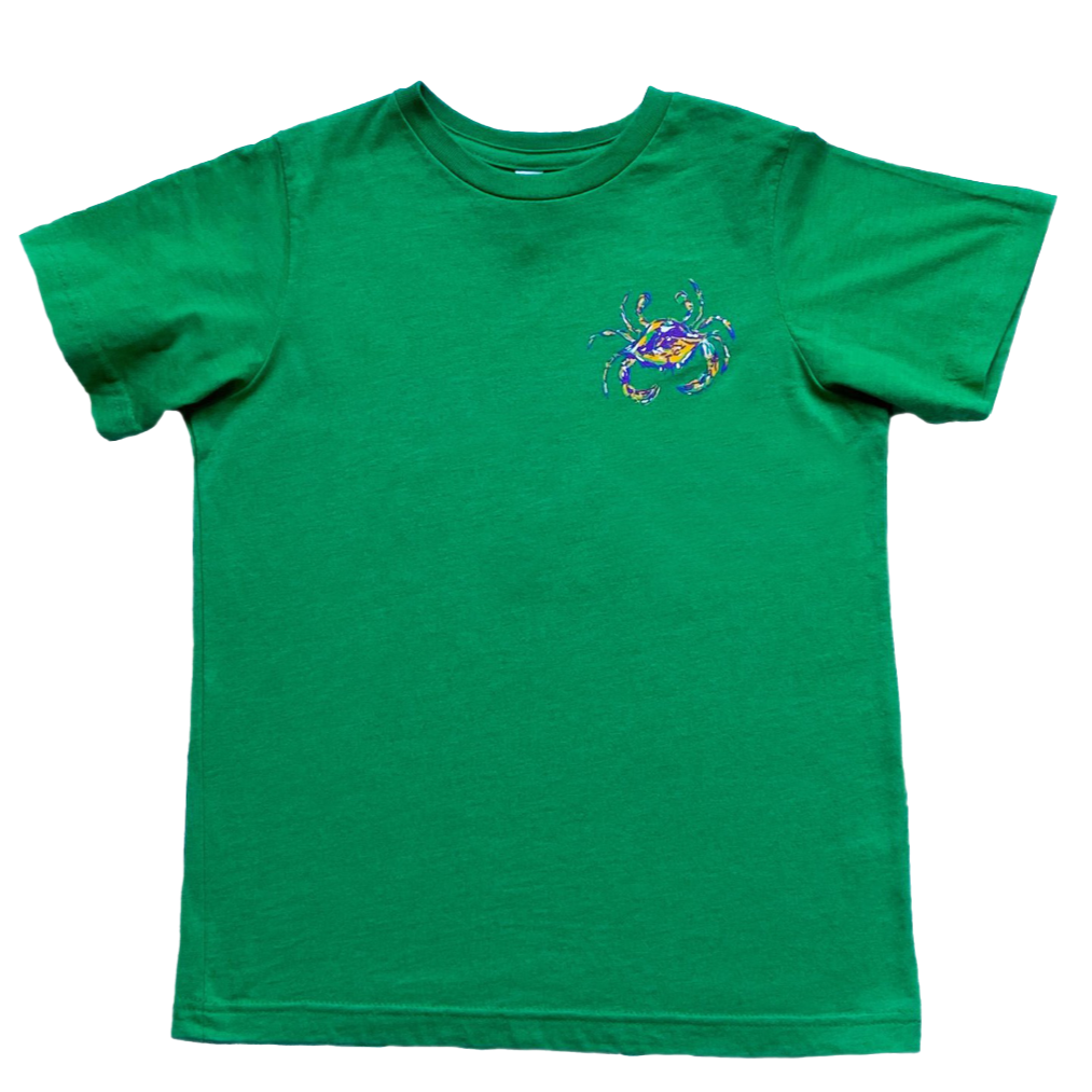 Deep green kids short sleeve tee-shirt with a Mardi Gras colored blue crab on the left chest.
