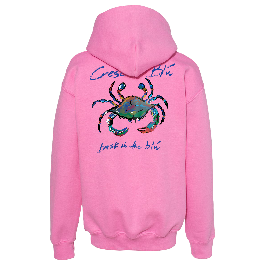 View of Back of Youth Hooded Sweatshirt with large multi-colored Signature Crab logo printed on the back