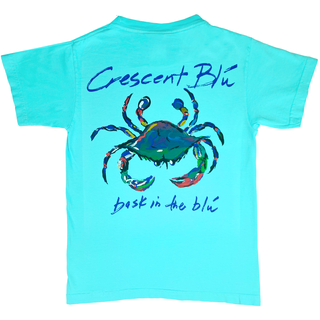 back of youth lagoon blue top with large crab 