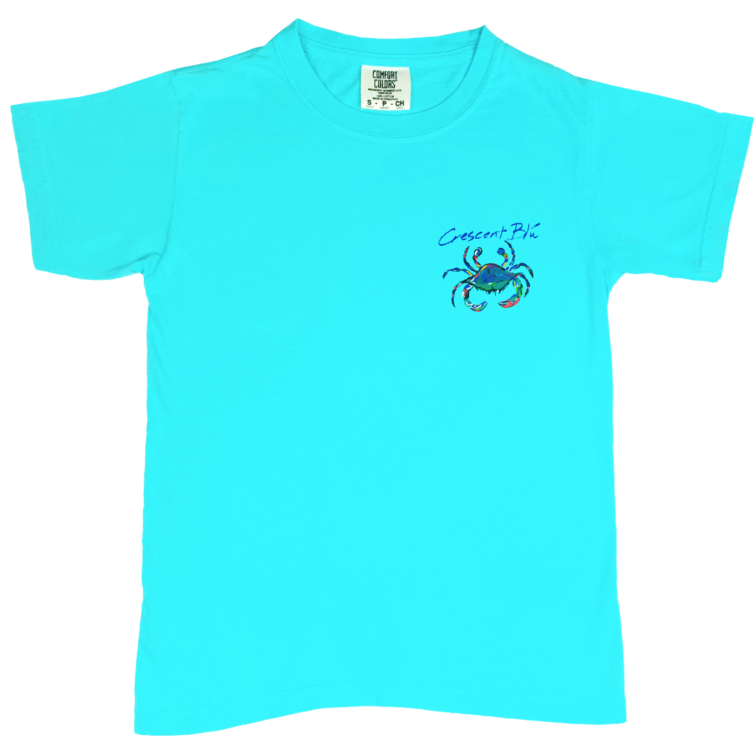 childs lagoon blue t-shirt exhibiting colorful crab on upper left chest