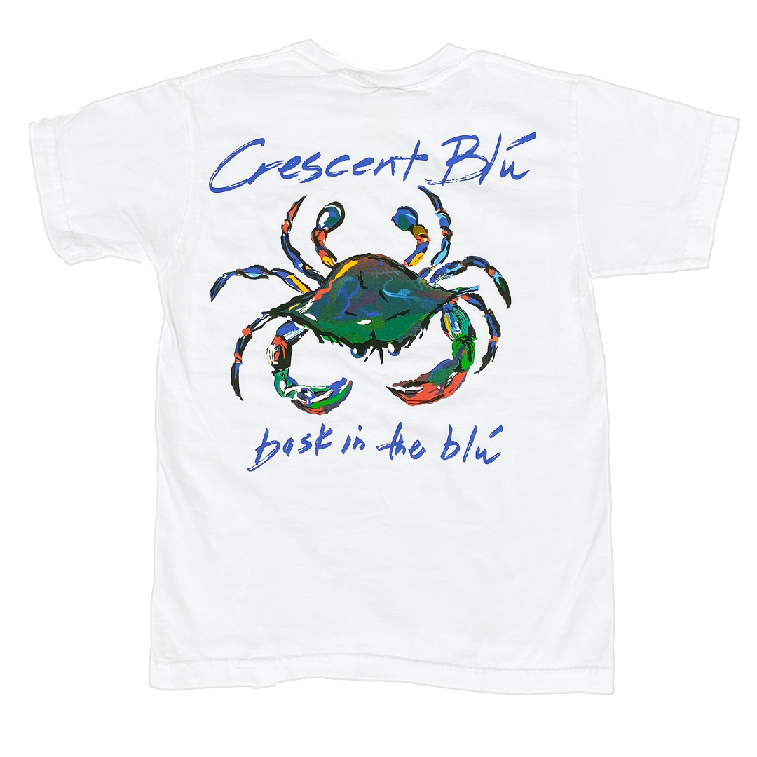 back of youth white top with large colorful crab