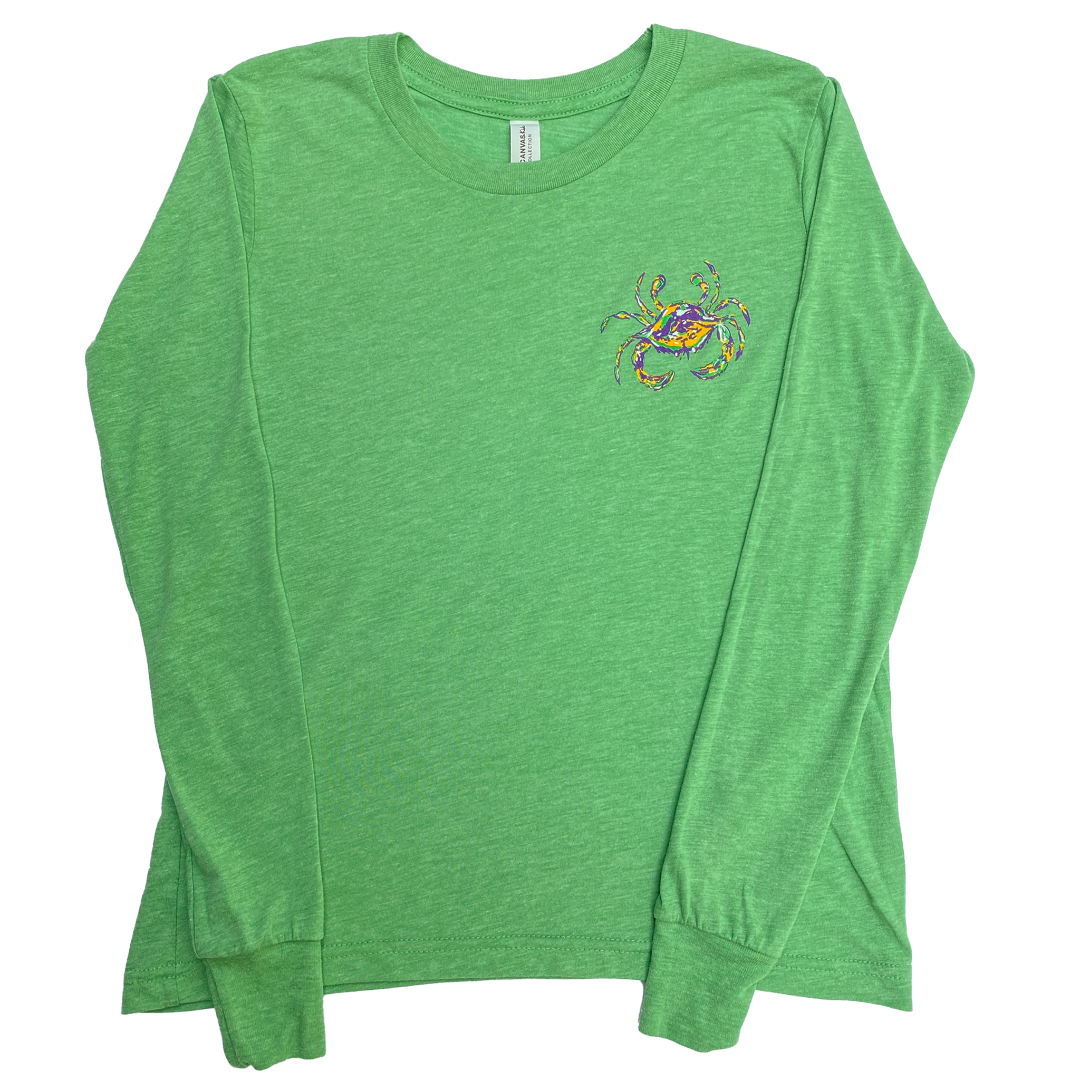 Front of Green triblend Youth long sleeve shirt showcasing a purple, green, and gold Mardi Gras themed crab logo on upper left chest