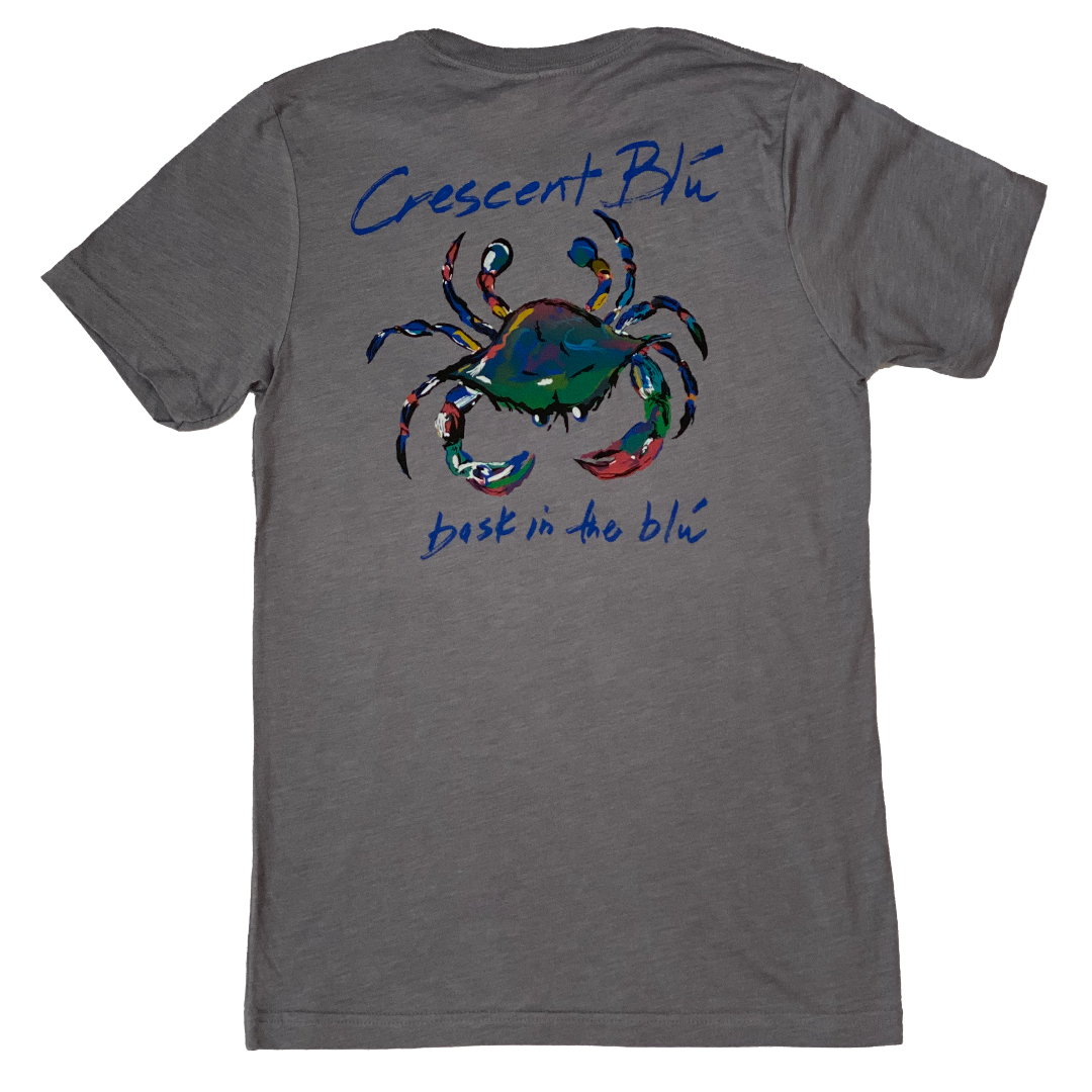 Adult t-shirt, short sleeve, back of shirt, large multi-colores Signature crab collection crab logo shown on Grey Storm color