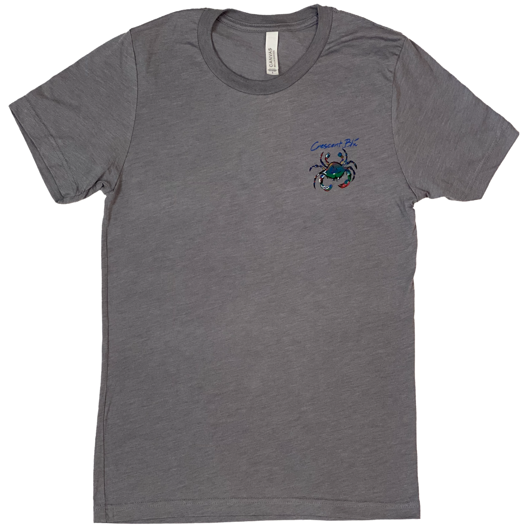 View of front of adult short sleeve Grey Storm colored t-shirt with small Signature crab logo and Crescent Blu printed on the front left chest. No pocket. 