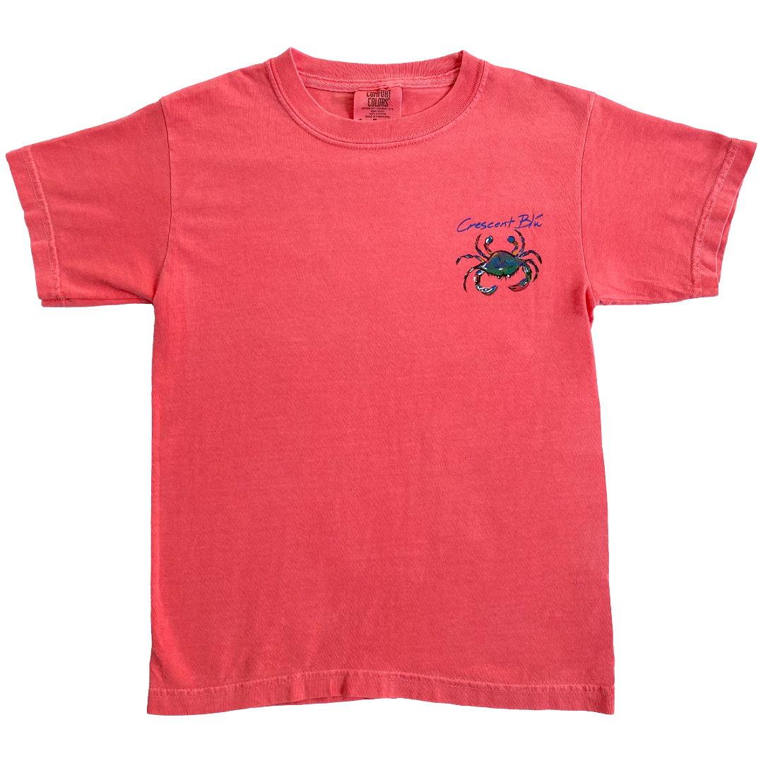 youth watermelon tee with crab on upper left chest
