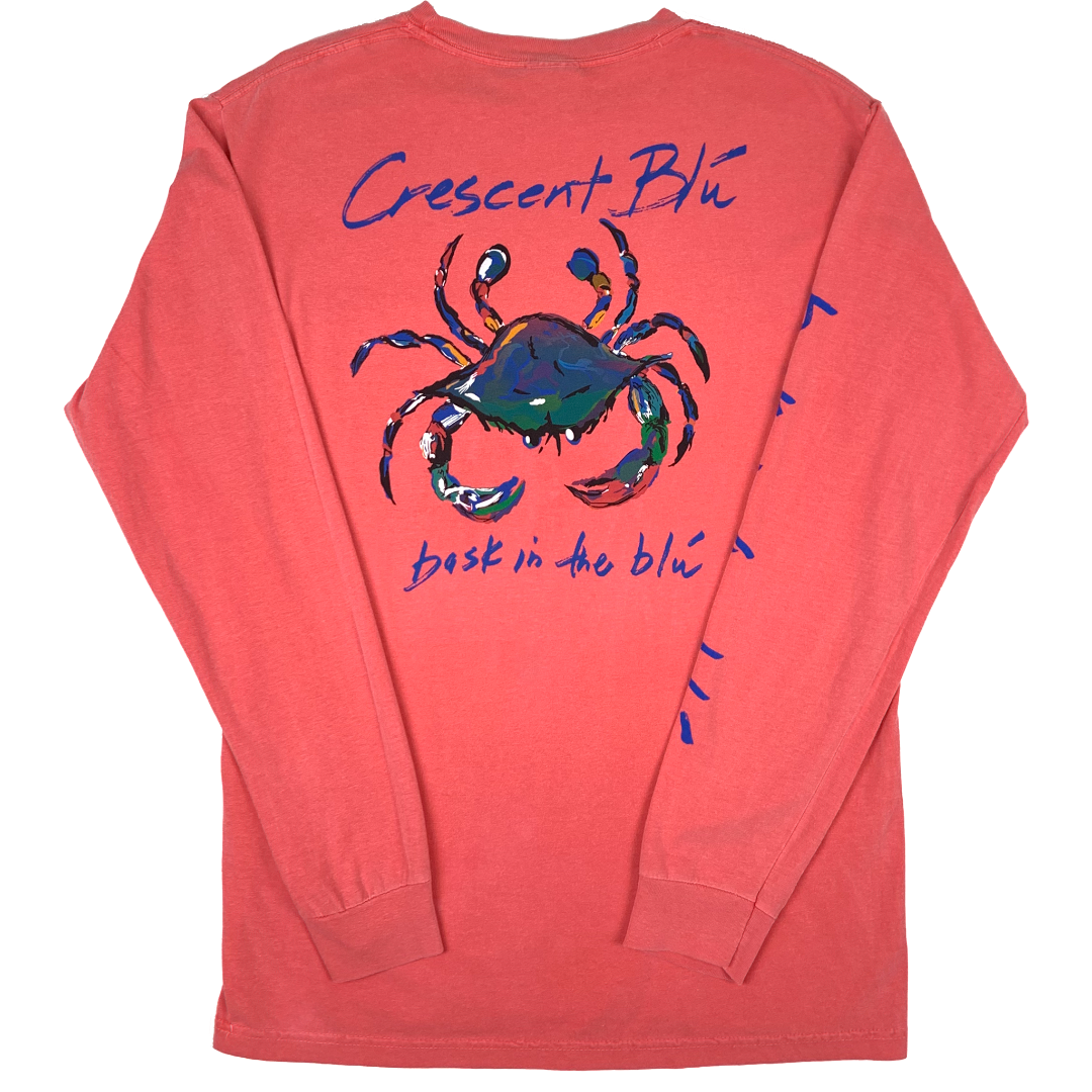 Watermelon colored adult long sleeve t-shirt with large multi-colored Crescent Blu Signature Crab logo printed