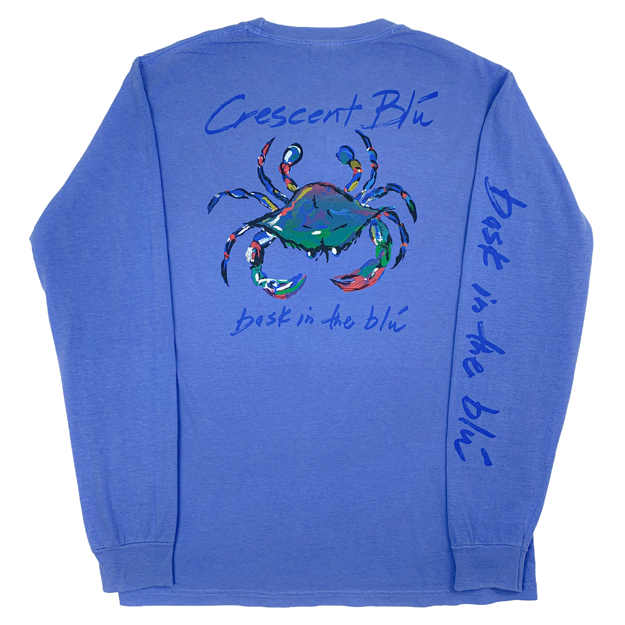 Back view of an adult long sleeve Flo Blue tee with large Crescent Blu multi-colored crab logo on back of shirt and Bask in the Blu written on the right sleeve. 