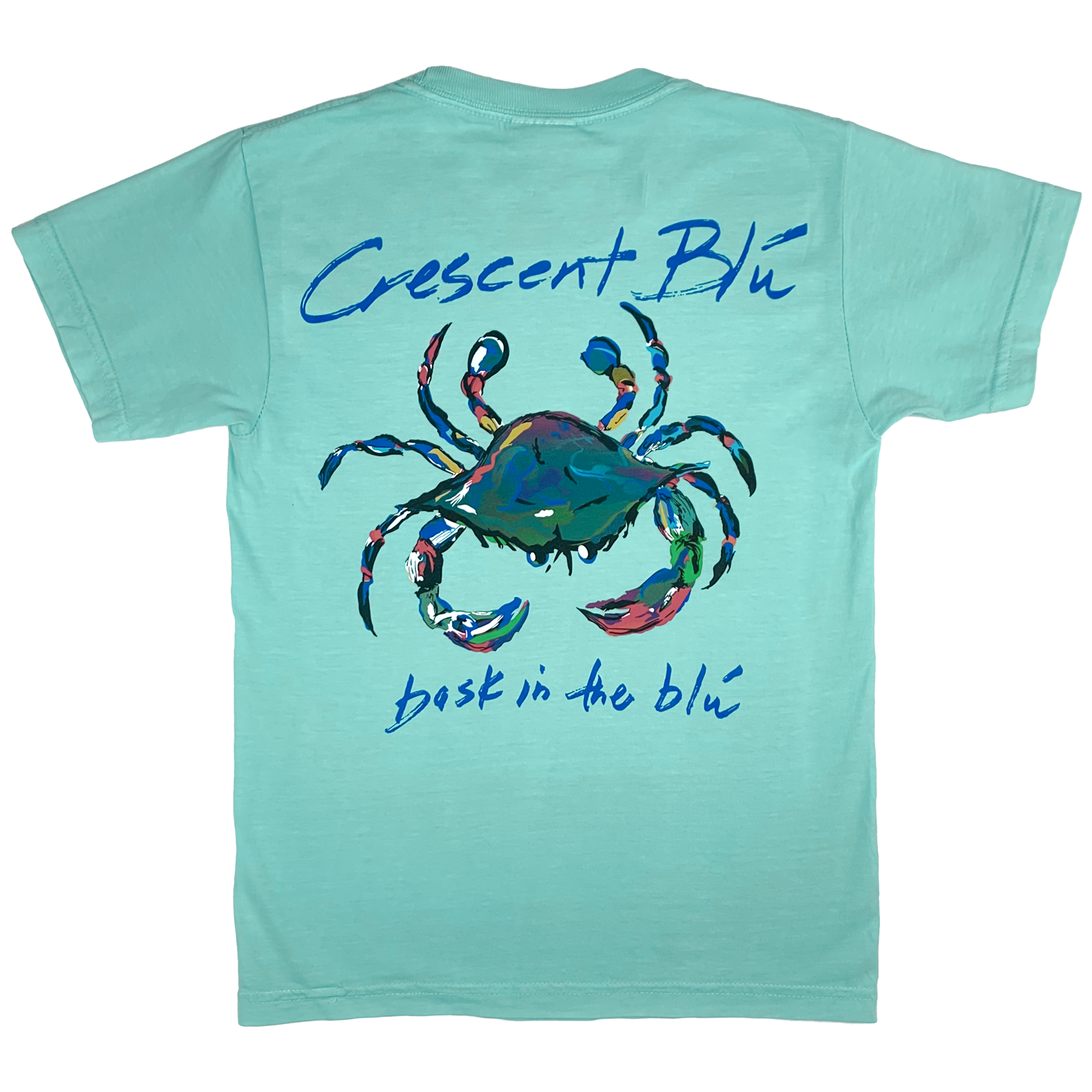 back of childs chalky mint cotton with large colorful crab