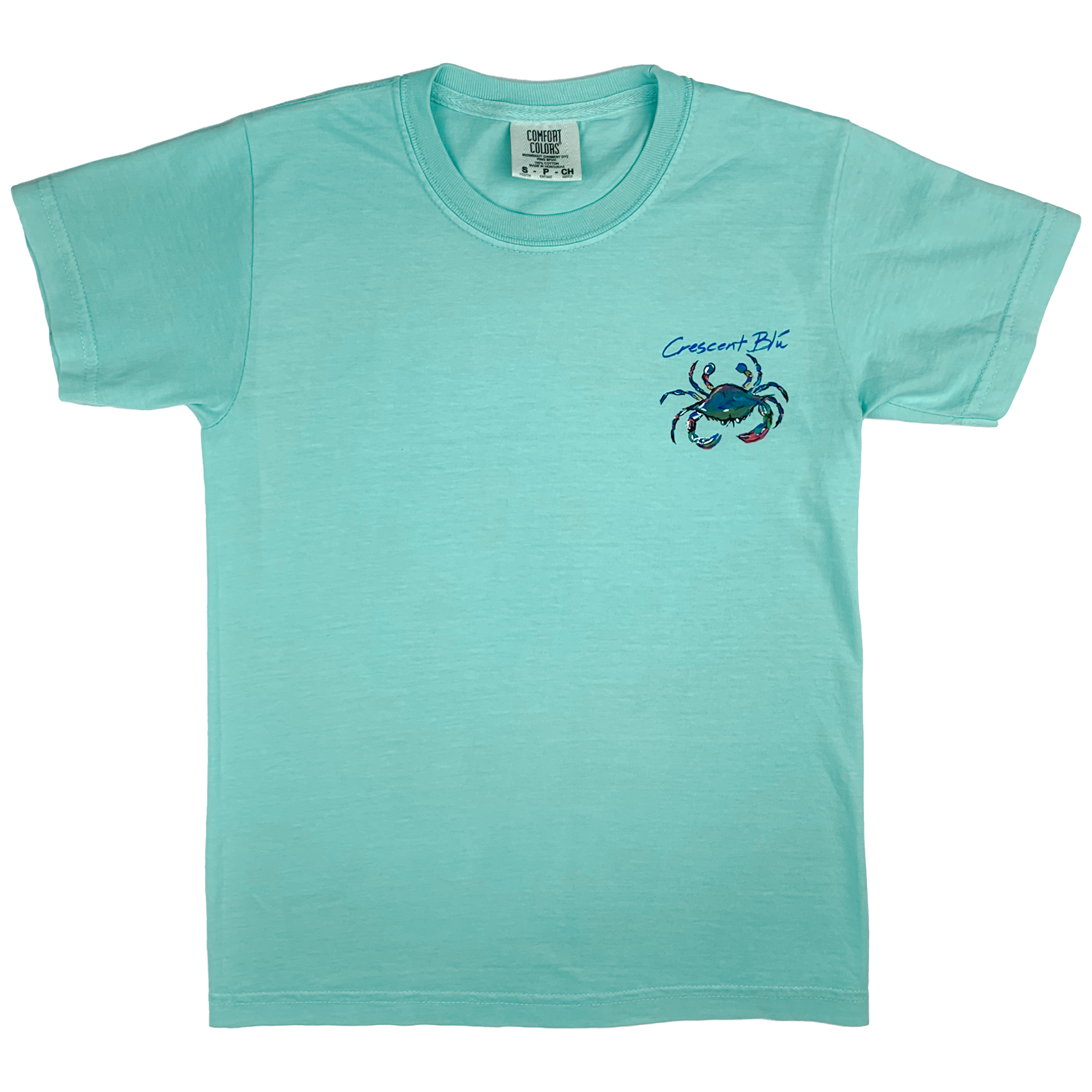 youth chalky mint tshirt with crab on upper left chest