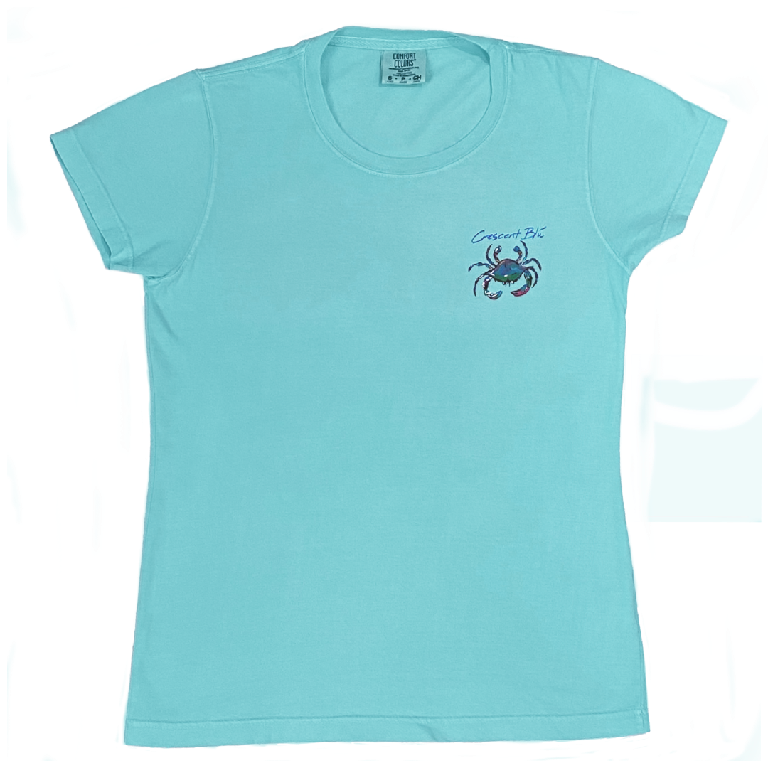 Mint ladies t-shirt with a colorful blue blue crab on the left chest. 