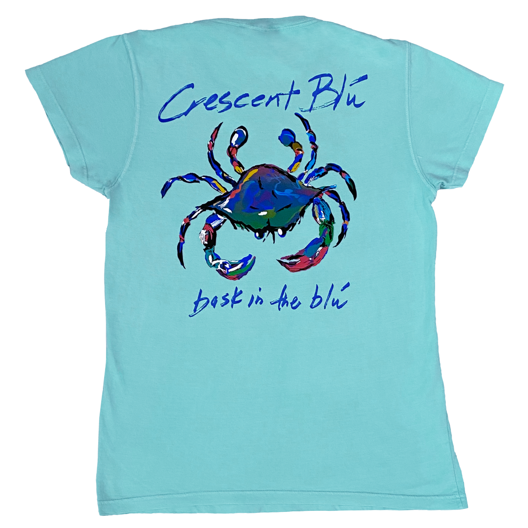 Mint colored cottone ladies tee with brightly colored blue crab on the back.