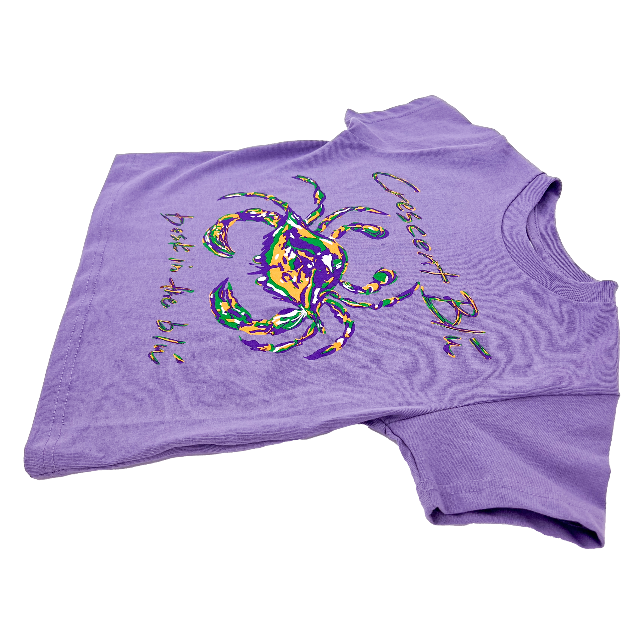 A side angled view of the front side of a Lavender Mardi Gras Crab toddler tee shirt. 