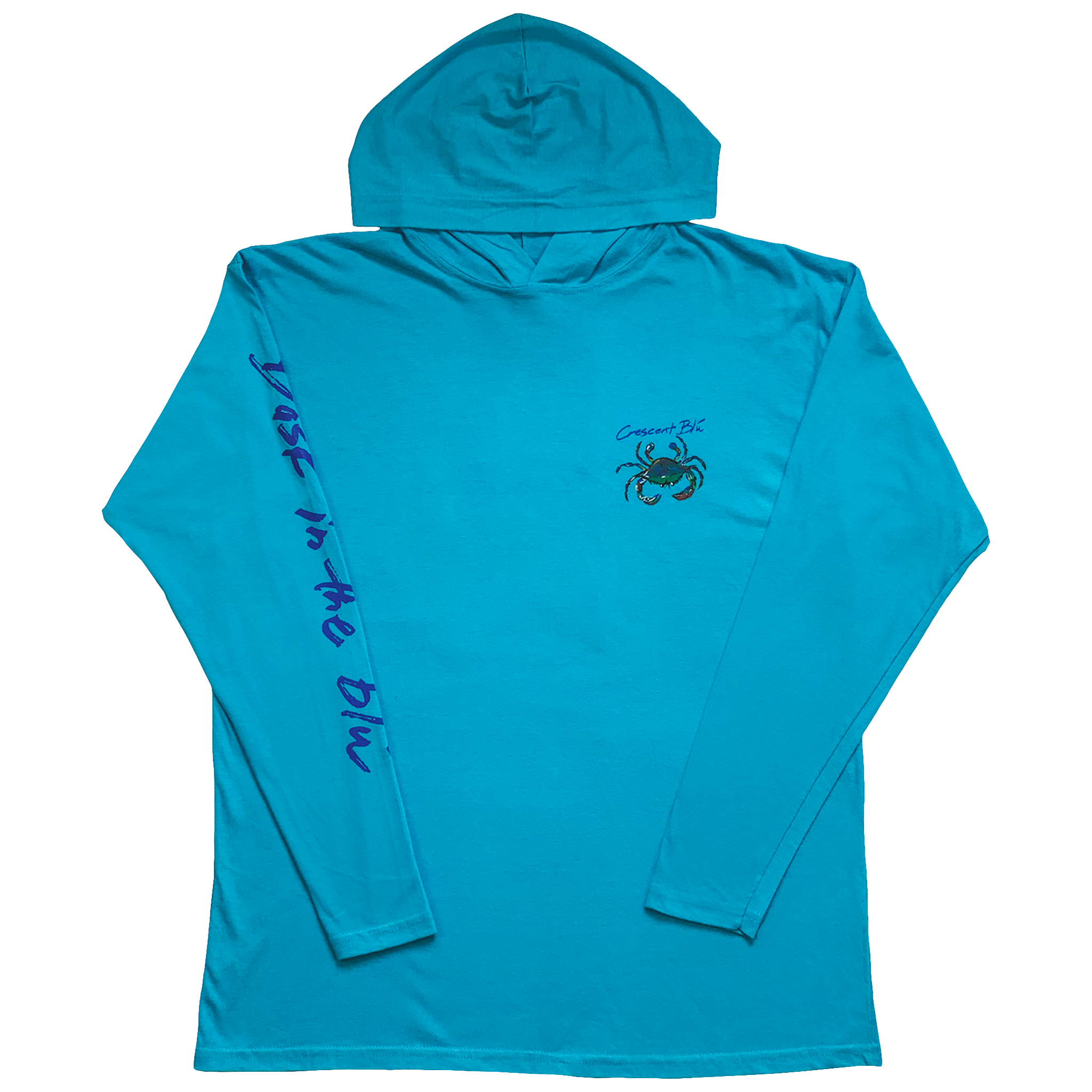 Youth T-shirt Hoodie in Carribean Blue. Front View. Multi-colored Crescent Blu crab logo on the upper left chest. Bask in the Blu printed along the length of the right sleeve. 