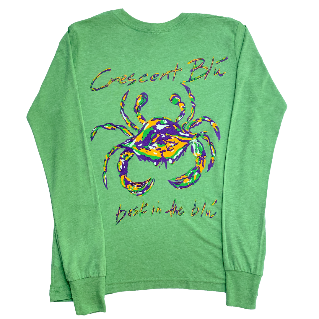 Back of Green Youth Long sleeve Tee shirt with Crescent Blu crab logo in Mardi Gras colors
